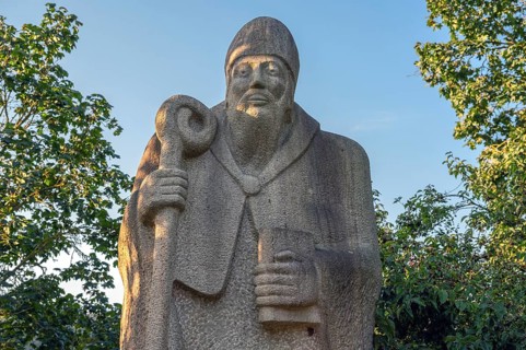 Detail of the sculpture of St Wolfgang, Röthenbach near Sankt Wolfgang, Middle Franconia, Bavaria,