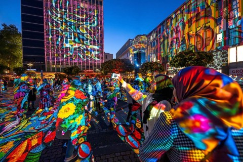 Essen Light Festival, in the city centre, light art on Kennedyplatz, the Berlin artist Daniel