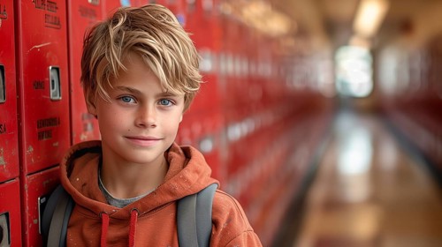 Cute caucasian school boy in the hallway of his school. generative AI, AI generated