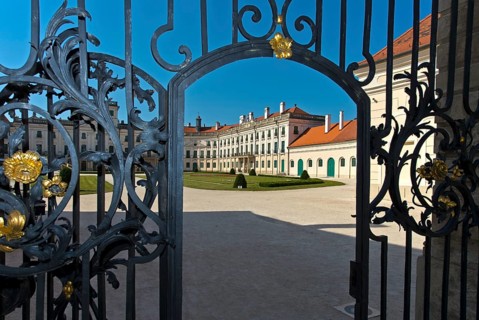 Wrought-iron gate at the entrance to Eszterhazy Castle, also known as Eszterháza Castle or Fertöd