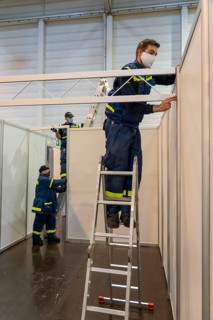 Construction of a vaccination centre for corona vaccinations, in a hall at Messe Essen, by the