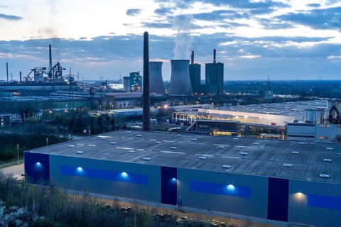 Logistics site, warehouse in Duisburg Wanheim, Angerhausen, in the background the HKM steelworks,