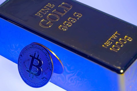 Cryptocurrency, gold bar, guarantor for analogue currencies, symbol coin, optical placeholder for
