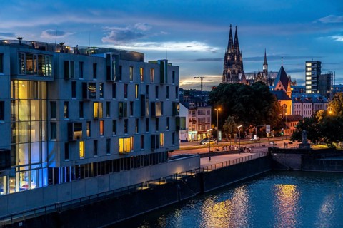 Skyline with Cologne Cathedral, Groß St. Martin Catholic Church, Rheinauenhafen harbour, art'otel