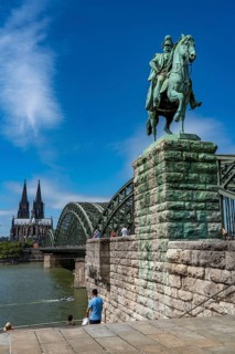 Cologne Cathedral, Hohenzollern Bridge railway bridge, equestrian statue of Kaiser Wilhelm I. Rhine