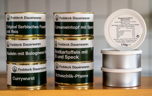 Emergency preparedness, food storage in a private household, long-life ready meals in tins, can be