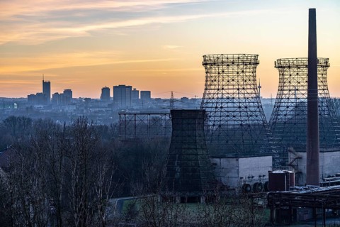 Skyline of the city centre, seen from Zeche Zollverein, skeleton of the coking plant's cooling