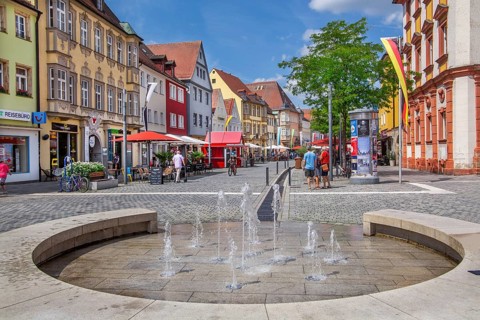 Fountain in the Maximilianstrasse pedestrian zone in the old town, Bayreuth, Upper Franconia,