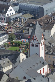 View from Nassau Castle to St. John's Church with Pontchateau Square, view downwards, city centre,
