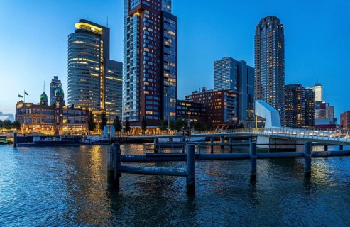 High-rise buildings at Kop van Zuid, at the Rijnhaven harbour basin, Rijnhavenbrug, bridge, Hotel