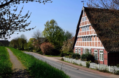 Europe, Germany, Lower Saxony, Altes Land near Hamburg, Steinkirchen an der Lühe, old half-timbered