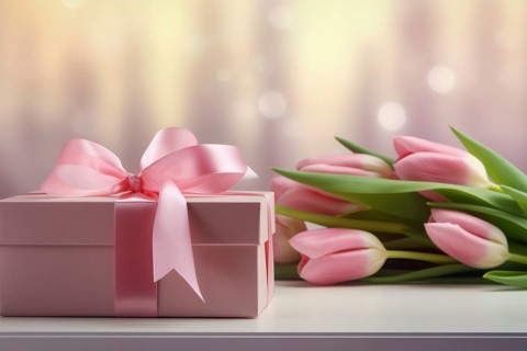 Gift Box with Pink Ribbon Beside bouquet of Fresh Tulips on Bokeh Background. Good for Valentine