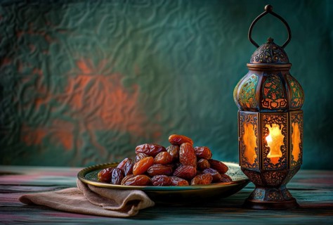 Ramadan lantern with a plate of succulent figs, set on an ornate table with intricate designs,