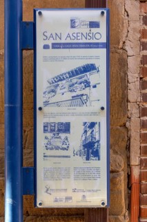 Information panel about historic buildings in village of San Asensio, La Rioja Alta, Spain, Europe