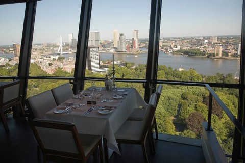 Cafe restaurant with views high above the city from the 185 metre tall Euromast tower, Rotterdam,