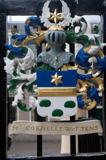 Ancient family coat of arms on railings at De Burcht historic site, Leiden, Netherlands