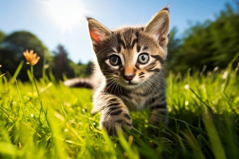Playful Cute Kitten outdoors in Sunlit Grass. Kitten excitement and wonder as it explores the