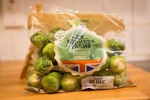 Wrapped pack brussels sprouts Tesco supermarket Redmere farms label, UK