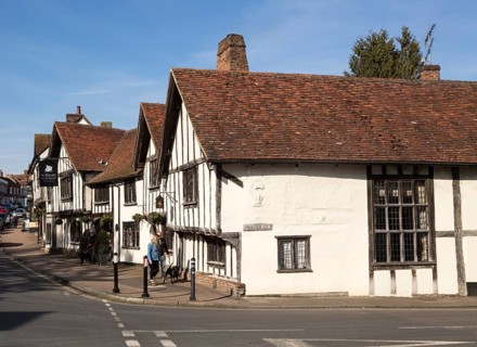 Historic Tudor architecture of the Swan Hotel, Lavenham, Suffolk, England, UK