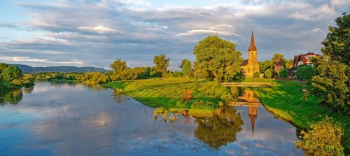 At the old harbour with St. Sturmius church Panorama Rinteln Germany