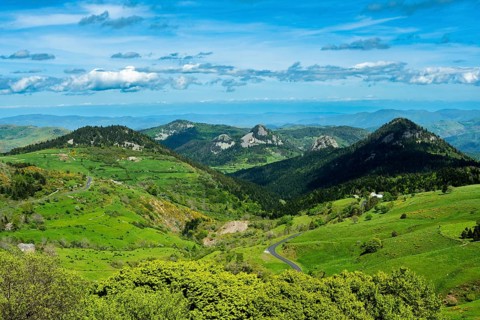 Scenic View of Dome-Shaped Volcanic Peaks (Sucs) in the Monts d'Ardeche Regional Natural Park.