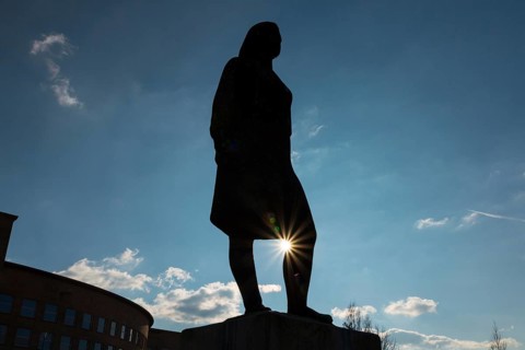Silhouette of a female statue, Sun Star, Bitterfeld, Wolfen, Saxony-Anhalt, Germany, Europe