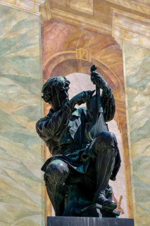 Matthias Klotz monument, violin maker, in front of the bell tower of the parish church of St Peter