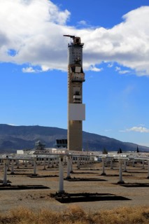 Heliostats and central receiver CESA-1 Tower at solar energy scientific research centre, Tabernas,