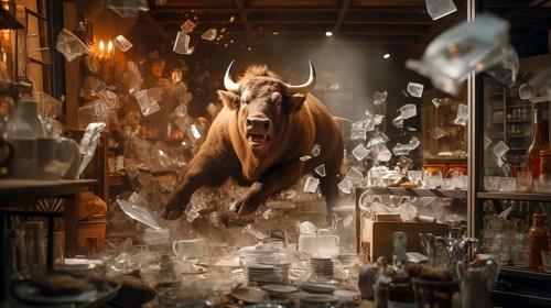 Very large bull with horns running through a China shop filled with glassware. generative AI, AI