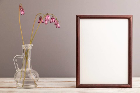 Wooden frame with pink dicentra, broken heart in glass on gray pastel background. side view, copy