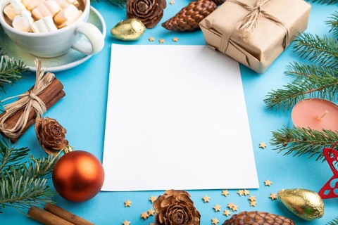 Christmas or New Year composition, template. Decorations, box, cinnamon, cones, fir and spruce