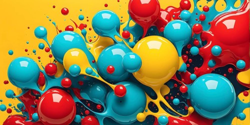 Abstract image with vibrant blue and red blobs and liquid shapes on a yellow background, AI