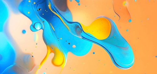 Abstract wallpaper with colorful turquoise and yellow blobs and liquid shapes on a orange