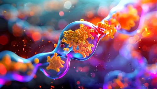 Three dimensional render of cholesterol in blood stream, AI generated