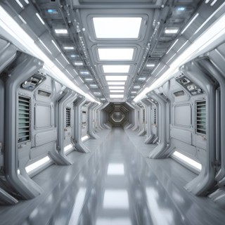 Three dimensional render of futuristic corridor inside a spaceship or space station, AI generated