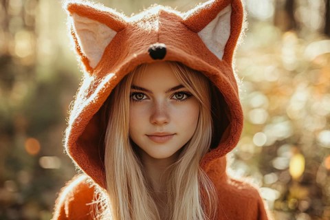 Young blond woman wearing a fox sweater with ears in autumn forest. Generative Ai, AI generated