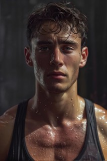 Portrait of sweating man after workout, AI generated