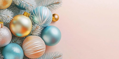 Christmas banner with blue and yellow bauble ornaments on tree. Generative AI, AI generated