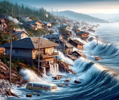 A monster wave, a tsunami, floods and destroys the houses of a village, climate change, climate