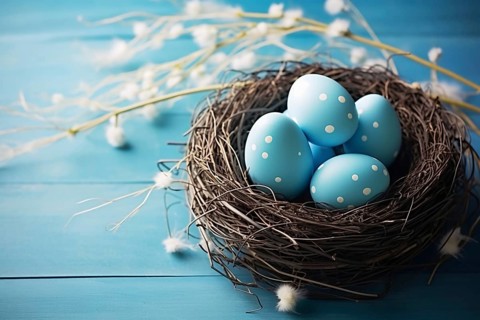 Blue Easter eggs with shite dots in nest. KI generiert, generiert AI generated