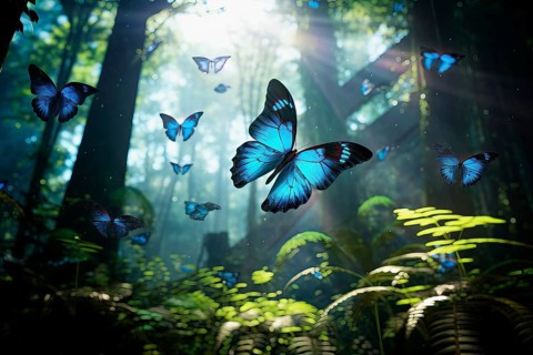 Big group of stylized blue monarch butterflies flying in a natural forest environment, AI generated