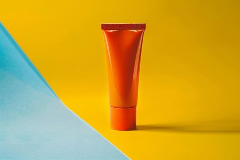 Orange sunscreen tube on yellow and blue studio background. KI generiert, generiert, AI generated