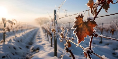 AI generated close up of winter in the vineyard with snow blankets dormant vines and ambient light