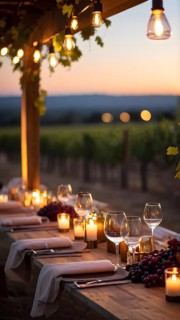 AI generated wine tasting table setup with wine and vine grapes nestled subtly amidst a thriving