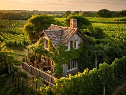 AI generated aerial view of a rustic vineyard cottage nestled amidst lush summer colored vine