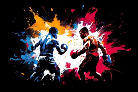 Illustration of dynamic boxing fighters mid action on a vibrant splash paint background, AI