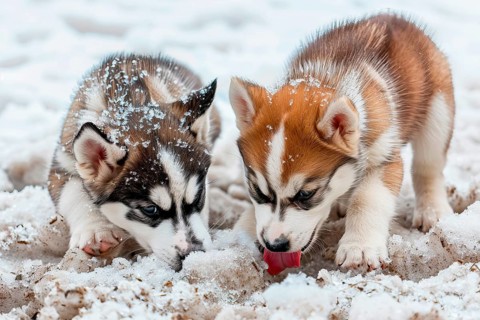 Two cute Alaskan Husky pups licking snow, AI generated