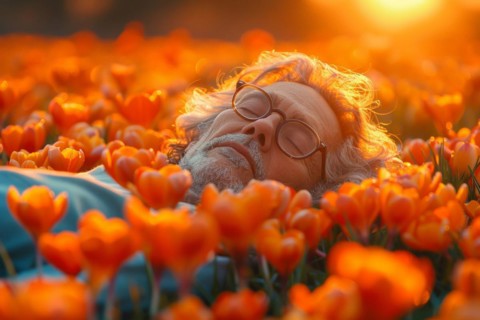 An elderly man lies relaxed in a meadow, surrounded by crocus blossoms, resting and enjoying the