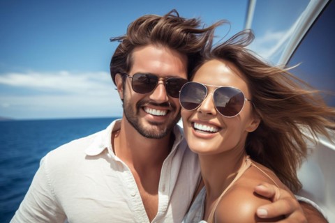 Happy young couple on holidays on private yacht or cruise ship with ocean and blue sky in
