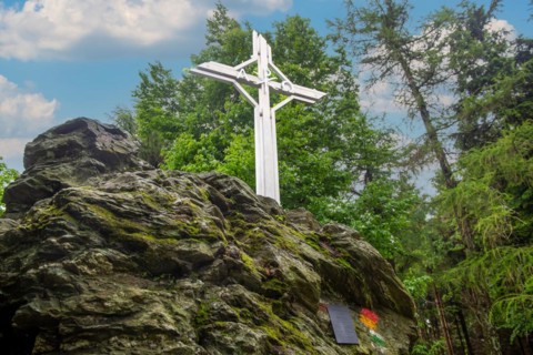 Summit cross on the Geschriebenstein in Austria. At 884 metres above sea level, the